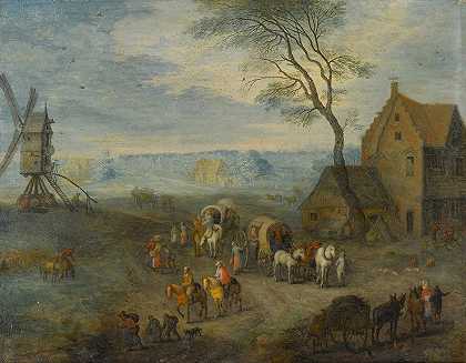 有旅行者的乡村景色`A village scene with travellers by a windmill by a windmill by Joseph van Bredael