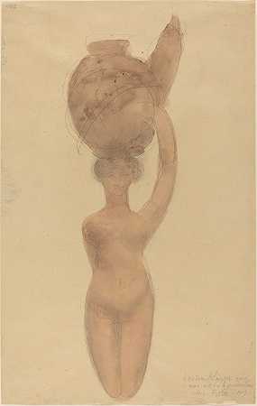 头上顶着花瓶的裸女`Nude Woman Carrying Vase on Head (1909) by Auguste Rodin