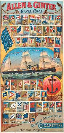 艾伦公司金特、海军旗帜、里士满直切1号和弗吉尼亚亮烟`Allen & Ginter, naval flags, Richmond straight cut no. 1 and Virginia brights cigarettes (1885) by Geo. S. Harris & Sons