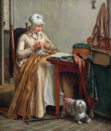 室内女装缝纫`Interior with Woman Sewing (c. 1800 ~ c. 1810) by Wybrand Hendriks