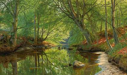 森林溪流`Forest Stream (1896) by Peder Mørk Mønsted