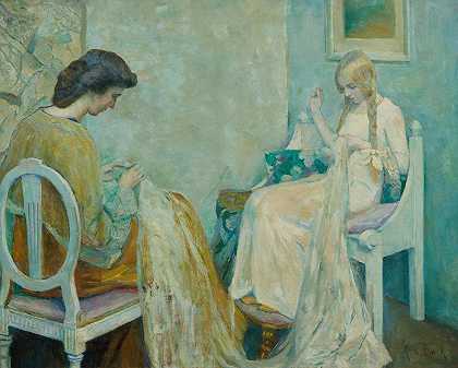 两位女士在缝纫`Two Ladies Sewing by Adele von Finck
