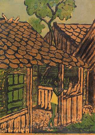 小屋前有两个吉普赛孩子`Zwei Zigeunerkinder vor der Hütte (1926) by Otto Mueller