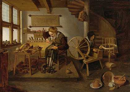 一个正在工作的鞋匠，他的妻子在纺羊毛`A Cobbler At Work, His Wife Spinning Wool (1653) by Quirijn Van Brekelenkam