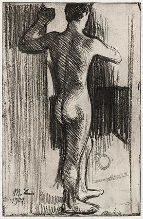 背后的裸体男模特`Nude Male Model from the Back (1907) by Magnus Enckell