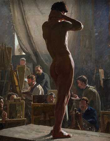 Bonnat工作室里的男性裸体`Male Nude in the Studio of Bonnat (1876 ~ 1877) by Laurits Tuxen