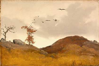 乌鸦丛生`Landscape with Crows (circa 1830) by Karl Friedrich Lessing