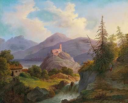 远处有山洪和城堡的景观`Landscape with Mountain Torrent and Castle in the Distance by Matthias Rudolf Toma