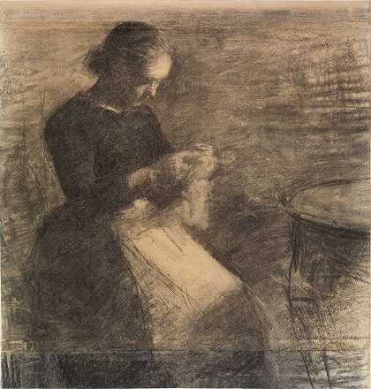 艾达·哈默什伊的刺绣肖像`Portrait of Ida Hammershøi with Needlework (1891) by Vilhelm Hammershøi