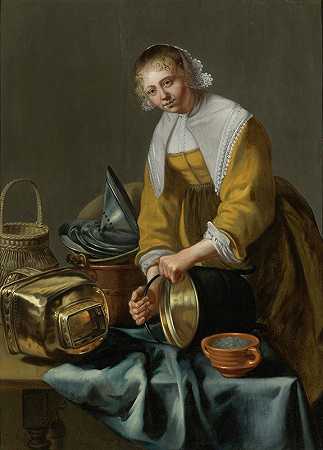 一个厨房女佣站在一张桌子旁，桌上放着铜锅、锡盘子和其他物品`A Kitchen Maid Standing By a Table With Copper Pots, Pewter Plates And Other Objects (1638) by Willem van Odekercken