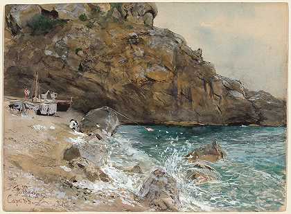 卡普里滨海皮科拉海滩`The Beach at Marina Piccola,Capri (1883) by Franz Skarbina