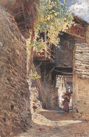 意大利北部的一条乡村街道`A Village Street in Northern Italy (1874) by Eugenio Gignous
