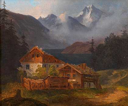 山湖上的农舍`Bauerngehöft an einem Bergsee (ca. 1836–1838) by Adalbert Stifter