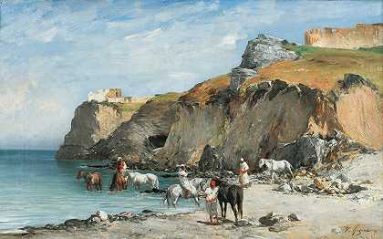 骑手在海滩上的停顿`The Halt Of Horsemen On The Beach by Victor Huguet