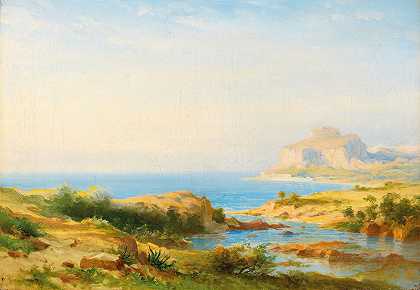 西西里岛赛法尔ù海景`Seelandschaft Cefalù, Sicily (1835) by Carl Morgenstern