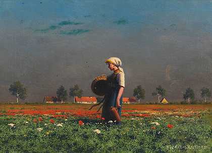 在罂粟地里拿着篮子和瓶子的女孩`Mädchen mit Korb und Flasche im Mohnblumenfeld (Ca. 1900~1920) by Paul Wilhelm Keller-Reutlingen