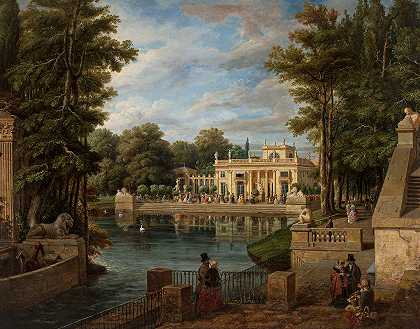 夏天的阿齐恩基宫景观`View of the Łazienki Palace in summer (between 1836 and 1838) by Marcin Zaleski