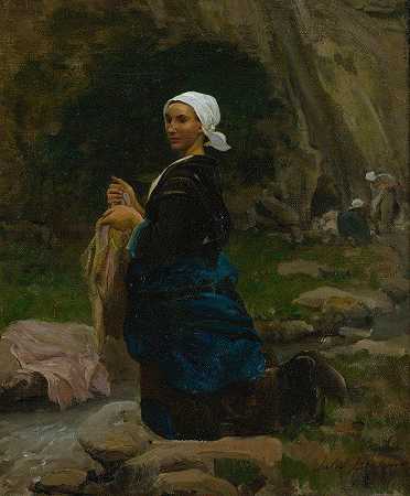 布列塔尼洗衣妇`Brittany Washerwoman (1865) by Jules Breton