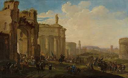 军队在罗马废墟中前进`Army Advancing among Roman Ruins by Jacob van der Ulft