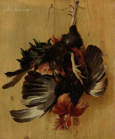 死公鸡挂在钉子上`Dead Cock Hanging from a Nail by Melchior d\’ Hondecoeter