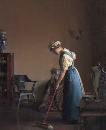 扫地女孩`Girl Sweeping (1912) by William McGregor Paxton