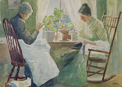 两个女人在缝纫`Two Women Sewing (ca. 1885) by Julian Alden Weir