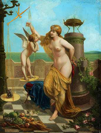 维纳斯称爱`Venus weigh amor by Henri Pierre Picou