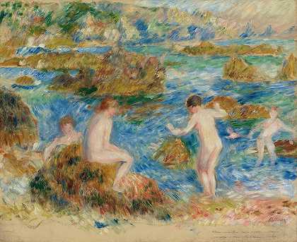 格恩西的裸体男孩`Garçons Nus Dans Les Rochers À Guernsey (1883) by Pierre-Auguste Renoir