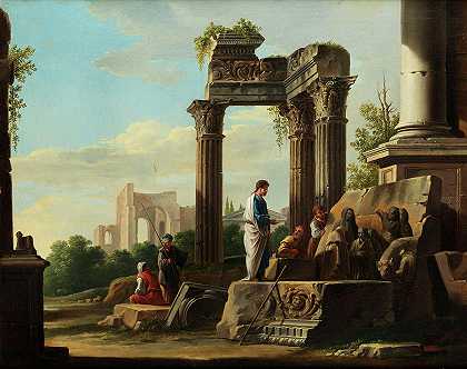 罗马废墟上有耶稣布道的人物`Roman ruins with figures the preaching of Jesus by Giovanni Ghisolfi
