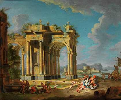 带有神话场景的瑞恩随想曲`Ruinen capriccio with mythological scene by Hendrik Frans van Lint