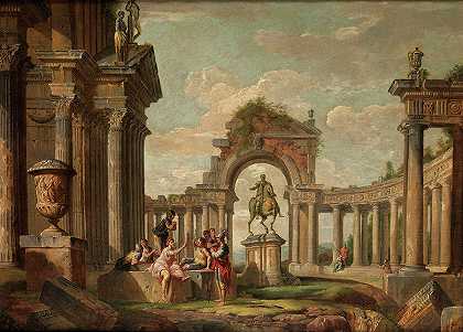 有骑士的古代遗迹`Ancient ruins with rider by Giovanni Paolo Panini