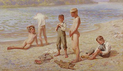 男孩洗澡`Boys Bathing by Alexander Grinager