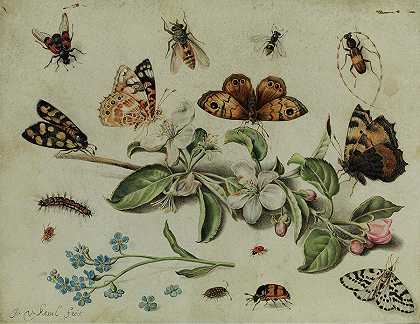 蝴蝶和昆虫之间的苹果花枝`Apple blossom branch between butterflies and insects by Jan van Kessel