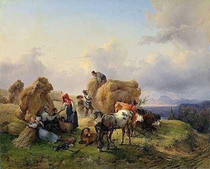 在阿尔卑斯山麓收割`Harvesting In The Foothills Of The Alps by Friedrich August Matthias Gauermann