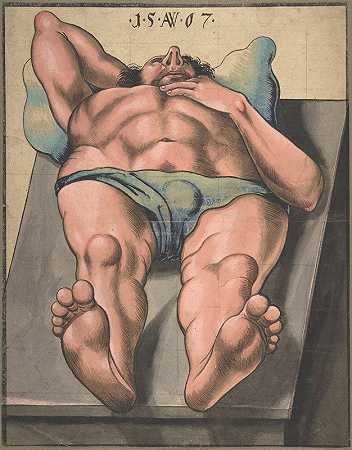 男性裸体躺在桌子上`Male Nude Lying on a Table (1567) by Monogrammist AW