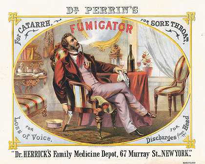 佩林博士用于治疗卡他、喉咙痛、失声、头部分泌物的熏蒸器`Dr. Perrins fumigator For catarrh, for sore throat, for loss of voice, for discharges from the head (1869) by Charles Van Benthuysen