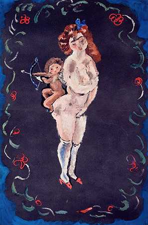 裸体和丘比特`Nude and Cupid (c. 1920) by Jules Pascin