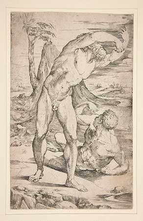 风景中的两个裸体男人`Two Nude Men in a Landscape (ca. 1520–25) by Domenico Beccafumi
