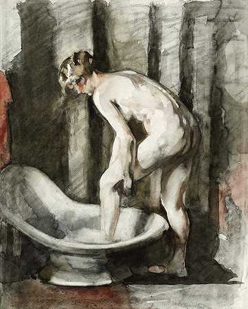 裸女洗澡`Naakte vrouw, in bad stappend (1870 ~ 1923) by Willem Witsen