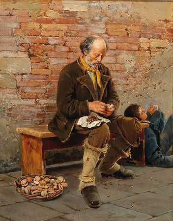 贻贝卖家休息一下`Mussel Seller Taking a Break (1880) by Franz Leo Ruben