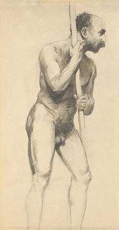裸体男子，带杆子`Male Nude with a Pole by John Ferguson Weir
