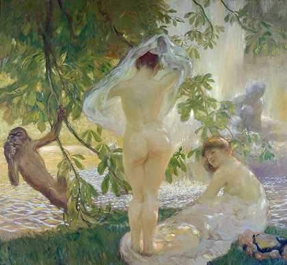 脱掉衬衫，洗澡`La chemise enlevée, baigneuses (1913) by Gaston La Touche