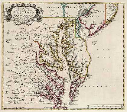弗吉尼亚州及宾夕法尼亚州和新泽西州改善部分的新地图`New Map of Virginia and the Improved Parts of Pennsylvania and New Jersey by John Senex