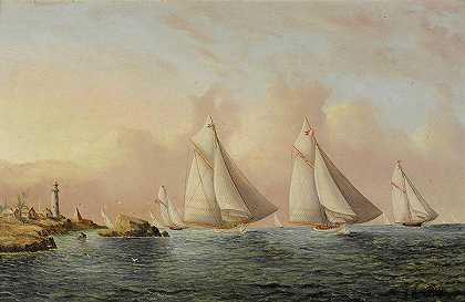 五月花、志愿者和蓟之间的比赛`A Race Between the Mayflower, Volunteer and Thistle by James Edward Buttersworth