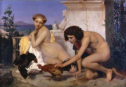 参加斗鸡的年轻希腊人`Young Greeks Attending a Cock Fight (1846) by Jean-Léon Gérôme