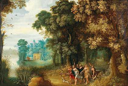黛安娜和她的仙女们的森林景观`A wooded landscape with Diana and her Nymphs by Gerard de la Vallée