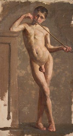 裸体的站着的男孩`Nude of a standing boy (1873) by Kazimierz Alchimowicz
