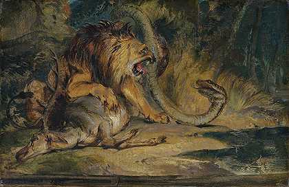 狮子保护猎物`Lion Defending its Prey (c. 1840) by Sir Edwin Henry Landseer