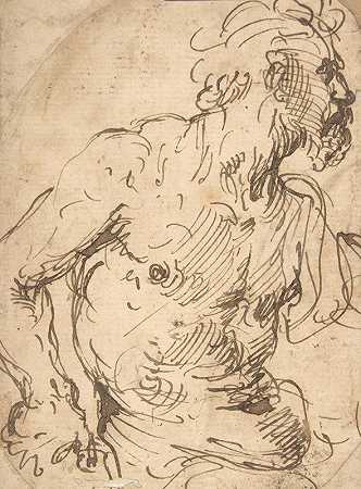 对一名半身裸体、留着胡须的男子的研究`Study of a Seated Nude, Bearded Man in Half~Length (1590–1654) by Francisco Herrera The Elder