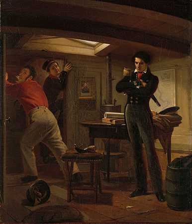 扬·范·斯佩克正在辩论是否要点燃火药`Jan van Speijk Debating whether to Set Fire to the Gunpowder (1834) by Jacobus Schoemaker Doyer